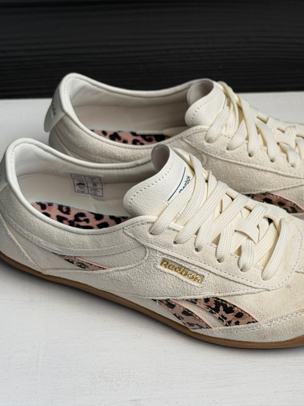 Reebok Women's Cream Suede Sneakers with Pink Leopard Trim